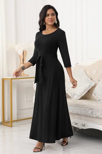 FANDEE Women's Long Maxi Dress 2025 Casual 3/4 Sleeve Dresses Empire Waist Round Neck with Belt3