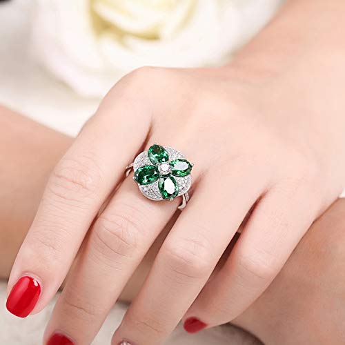 925 Sterling Silver Rings for Women, Flower Statement Engagement Ring, Simulated Emerald Quartz Wedding Band Promise Ring for Her2