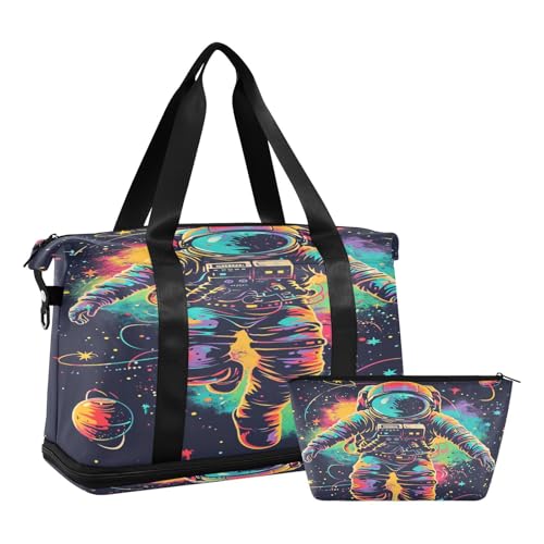 ALAZA Astronaut Watercolor Spaceman Travel Duffel Bag for Women Men Sports Gym Bag with Shoe Compartment Tote Weekender Overnight Bag with Wet Pocket for Travel, Gym,Yoga,Swimming