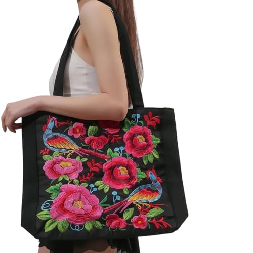 HUFFA Ethnic Phoenix Embroidered Women's Shoulder Bag Receptor Embroidered Canvas Casual Bag (Color : 4, Size : (30cm(Max Length(50cm))