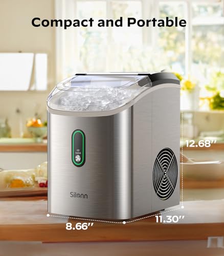 Silonn Nugget Ice Maker Countertop, Pellet Ice Machine with Self-Cleaning Function, Sonic Ice Maker Produces 33lbs of Chewable Ice in 24 Hours, Ideal for Home Kitchen and Office (Stainless Steel)