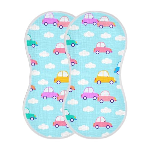 2 Pack Baby Burp Cloths, Soft Absorbent Burping Cloths for Babies, Cotton Milk Spit Up Rags, Large Size for Newborns, Baby Boys and Girls (Pastel Car Pattern)