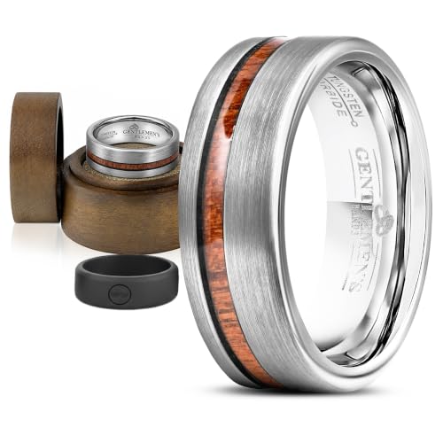 Alliance en tungstène pochette cadeau homme bague bois koa