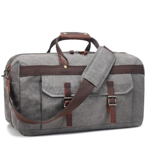 Image of Duffle Bag for Men Waterproof Genuine Leather Canvas Travel Duffel Bags for Women Overnight Weekender Bag for Traveling