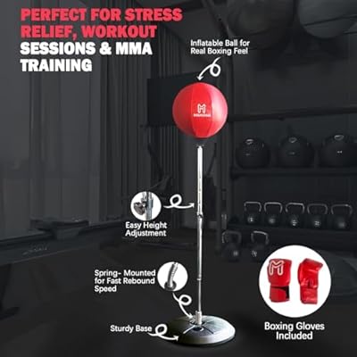 Punching Bag with Stand for Kickboxing, MMA & Reflex Training Freestanding Heavy Bag Boxing Set with Speed Bag & Gloves Adjustable Height for Adults & Teens Great for Cardio