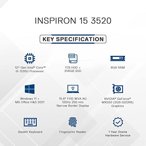 Image of Dell Inspiron 3520 Metal Laptop, Intel i5-1235U, 8GB 1TB + 256GB SSD, MX550 (2GB GDDR6), 15.6 inch (39.62Cms) Win 11, FHD WVA AG 120Hz 250 nits, Backlit KB, Platinum Silver (D560877WIN9S, 1.63KGs)
