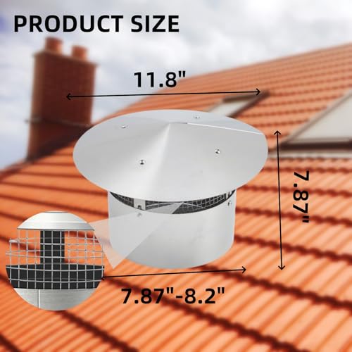 8 Inch Round Chimney Cap, Cone Top Chimney Cap with Screen, Galvanized Steel Fireplace Exhaust Cap, Outside Roof Rain Cap, Exterior Stove Pipe Cap, Easy Installation, Silver