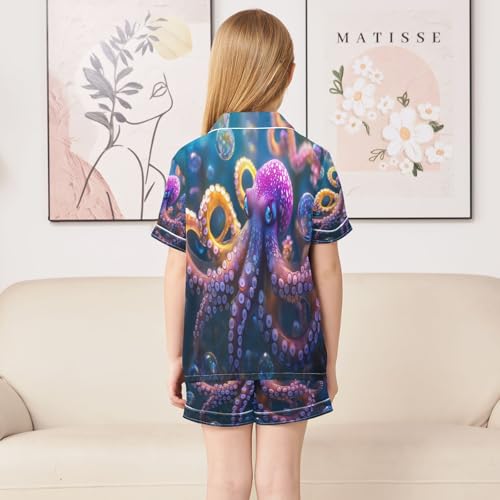 ALAZA Octopus Bubble Ocean Sea Satin Pajamas Set Short Sleeve Button Down Sleepwear Summer Pjs 2 Piece4