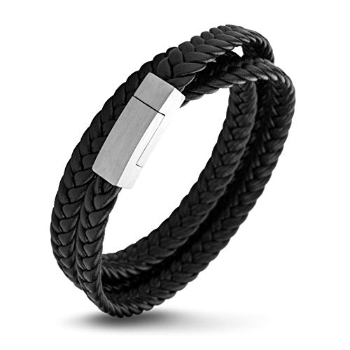 555Jewelry Stainless Steel Braided Double Wrap Leather Twist Rope Chain Cord Adjustable Magnetic Clasp Simple Men Women Unisex Fashion Jewelry Accessory Bangle Bracelet, Black & Silver 7.5 Inch