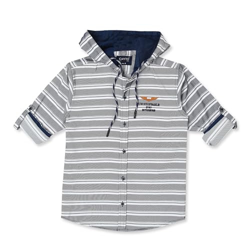 Image of CAVIO Boys Regular Fit Striped Hooded Casual Shirt and T-Shirt