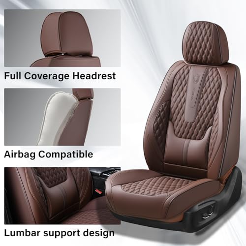 Image of Coverado Front Seat Covers, Car Seat Covers Front Seats, Nappa Leather Seat Covers for Cars, Waterproof Seat Covers with Lumbar Support Universal Fit for Most Cars SUV Trucks (Front, Coffee)