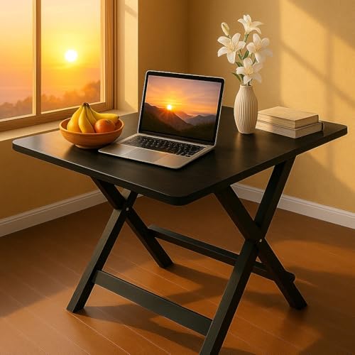 Image of Multi-Purpose Portable & Foldable Wooden Dining Table Desk for Living Room ,Made with Engineered Plywood & Powder Coated Finish for Home & Office Pre-Assembled Black(L*80,B*80,H*75)cm.