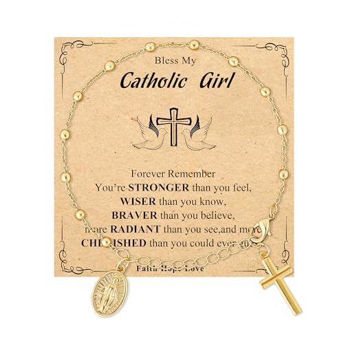 Avotto Virgin Mary Catholic Gifts for Girls Women, 925 Sterling Silver Rosary Beads Cross Bracelet, Baptism/First Communion/Confirmation Gifts
