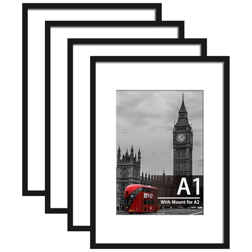 Tinkeps 4 Pack A1 Black Picture Frame Engineered Wood and Plexiglass A1 Frame with Mount for A2 Prints Photos and Posters Wall Mountable