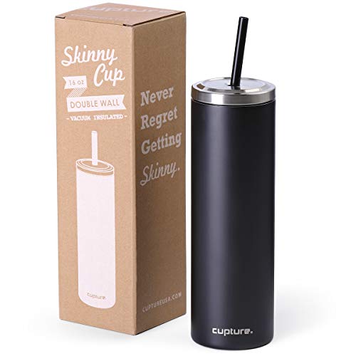 Comparison: Best Insulated Cup With Screw On Lid 7 Cupture Stainless Steel Skinny Insulated Tumbler Cup with Lid and Reusable Straw - 16 oz (Jet Black)