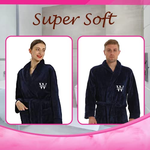 Personalized Plush Robe for Women and Men | His and Her Robes with Custom Name/Monogram | Super Soft Luxurious Spa Bathrobes - Navy - Small-Medium