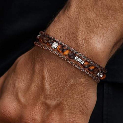 Pulsera trenzada marrón de cuero con ojo de tigre para hombre y mujer miniatura 6
