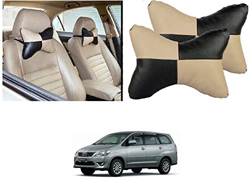 Image of Kozdiko Car Seat Pillow /Seat Cushion /Head Rest (Black /Beige, Set of 2 Pcs) Neck Rest Pillow Square Chess Design for Toyota Innova
