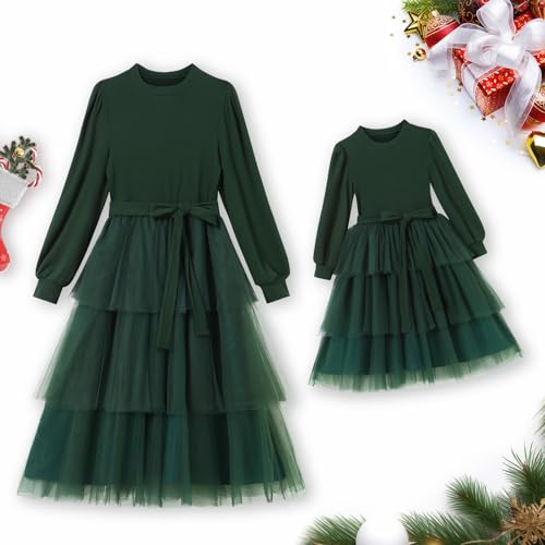 AWIBMK Mom and Me Christmas Dresses Ribbed Knit Tiered Hemline Tulle Velvet Dress Fall Winter Xmas Matching Outfits with Belt2