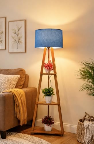 Image of Wooden Tripod Floor Lamp with 3 Shelves Modern Standing Lamp with Fabric Shade Decorative Shelf Floor Lamp for Living Room Bedroom & Home Decor Modern Standing Lamp for Living Room,Bedroom (Blue)