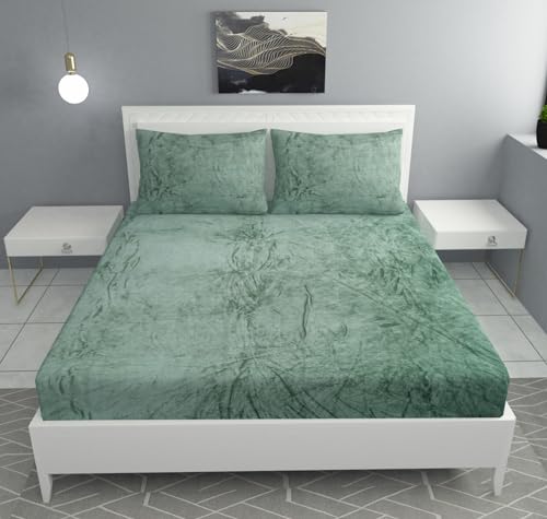 Image of Sands Flannel 300 TC Luxurious Bedsheets for Winter, King Size Fitted Warm Double Bedsheet, 72 x 78 x 10 inches, with 2 Pillow Covers (Green)