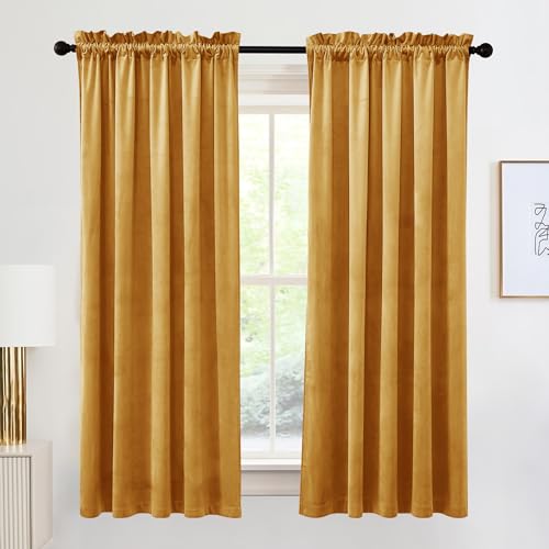 Image of RYB HOME Velvet Curtains 63 inches Long, Rod Pocket Soft Fabric Curtains & Drapes for Bedroom Cafe, Marigold, W 42 x L 63, 2 Panels Set | Thermal Insulated, Privacy, Sunlight UV Heat Blocking, Laundry Office, Marigold, W42 x L63, 2 Panels Set