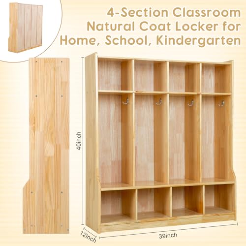 Image of Colingmill 4 Section Coat Locker with Bench Daycare Cubbies for Classrooms Natural Pine Finish Wooden Backpack Cubby Storage Organizer with Hooks for Daycare Classroom and Home