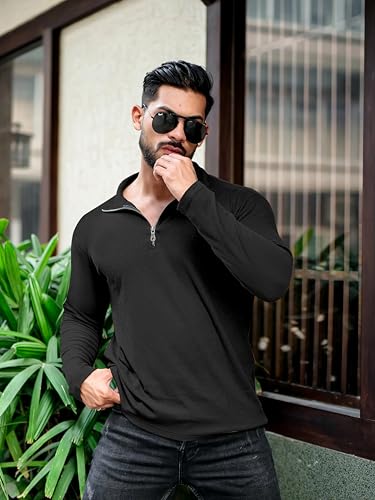 KAJARU Men's Polyester Blend T Shirt with Spread Collar Neck Line Zipper Closure Full Sleeves Solid Pattern Regular Fit and Standard Length 5 41czWqMHPyL