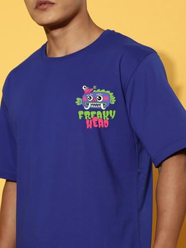 Image of Veirdo Pure Cotton Oversized Baggy Fit Drop Shoulder Stylish and Graphic Printed Round Neck Half Sleeves T-Shirt for Men (Available Color Options: Black, Green, Royal Blue, Lilac & Sky Blue)