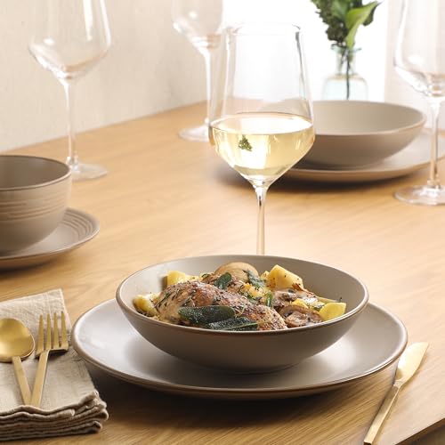 Image of Gibson Home Chiswick House 16-Piece Stoneware Dinnerware Set, Round Plates and Bowls Set for 4, Beige with Wax Relief Embossed Rim Detail, Dishwasher Safe - Dinner Plate, Salad Plate & Cereal Bowl