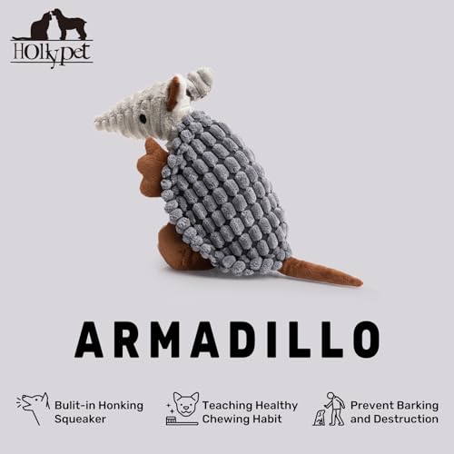 Image of Hollypet Plush Dog Squeaky Toy Stuffed Armadillo Animal Pet Puppy Chew Toys with Clean Teeth for Small Medium Large All Breed Sizes Dogs, Dark Gray, 8 in