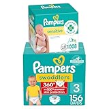 Pampers Swaddlers 360 Pull-On Diapers, Size 3, 156 Count, with Sensitive Water Based Baby Wipes 12 Flip-Top Packs (1008 Wipes Total)