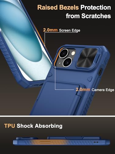 Image of Vihibii for iPhone 15 Plus, iPhone 14 Plus Back Cover Wallet with Card Holder (4 Cards) [RFID Blocking] & Slide Camera Cover, Military Grade Drop Protection, Rugged Back & Silicone Case, 6.7 inch, Blue