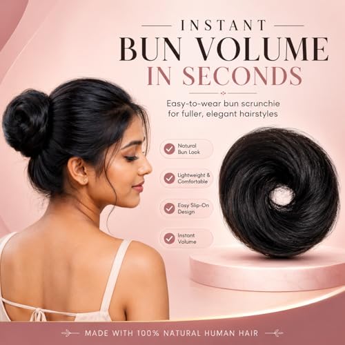 Image of Messy Bun Scrunchie Hair Extension for Women & Girls- 100% Natural Real Human Hair Juda Bun | Hair Bun Accessories for women- Trendy Messy bun Look, Natural Black (30g)