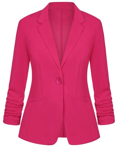 Womens Hot Pink Blazer One Button Notched Lapel Suit Jackets Ruched 3/4 Sleeve Lightweight Pocketed Blazer, L