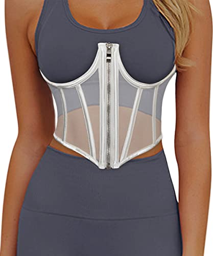 Topmelon Zip Up Underbust Corset Belt Lace Up Cupless Corset Underboob Sheer Mesh Corset Top Boned Underwire Push Up Waist Cincher Corset White X-Large #TOP9