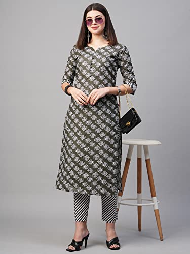 Image of GoSriKi Women's Cotton Blend Printed Straight Kurta With Pant