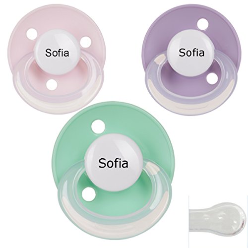 BabyNova Schnuller mit Namen, rund, Silikon (3er Pack) (lila+rosa+minzgrün)