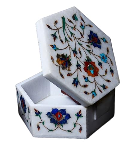HARMONIZE DECOR ® Taj Marble inlay Jewellery/Ring box, semiprecious stone inlay, gift, art collection (15 cm x 15 cm x 7.5 cm)