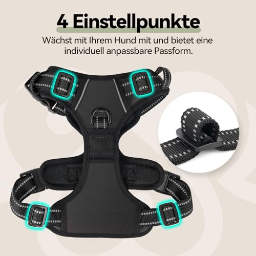 PHOEPET No Pull Hundegeschirr Verstellbares Hundewestengeschirr für den täglichen Spaziergang mit Schnalle am Hals und reflektierenden Streifen, Kontrollgriff für mittlere und große Hunde(Schwarz,M)
