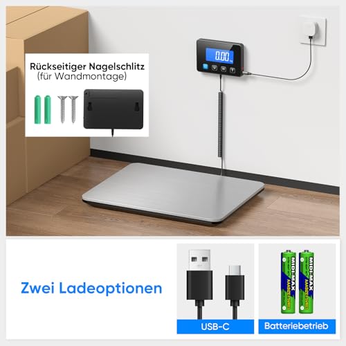 Digitale Paketwaage 200kg/10g Genauigkeit, Plattformwaage & Postwaage mit LCD, TARA/HOLD, USB-C & Batterien, Digitalwaage für Lager, Büro, Zuhause, Briefwaage für kleine Unternehmen
