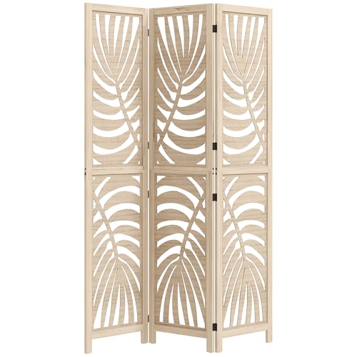 HOMCOM Paravent Interieur en Bois 3 Panneaux 120 x 170 cm séparateur de pièce Pliable et Portable, Motif de Feuille, cloison de séparation Amovible pour Salon Chambre...