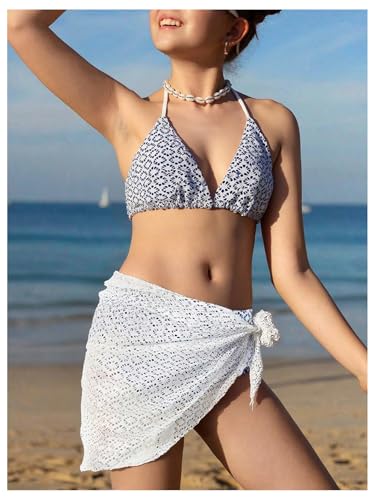 Image of SOLY HUX Girl's Summer Swimsuit Set Floral Halter Triangle Bikini Set with Wrap Skirts Beachwear