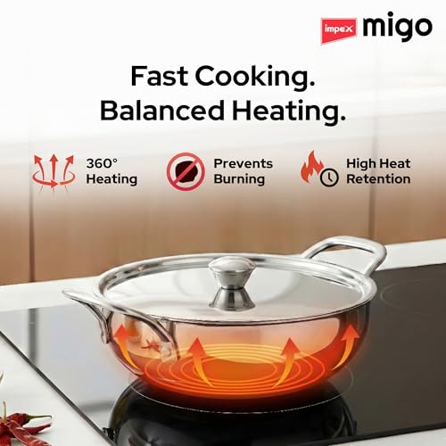 Image of Impex 4 Piece Triply Stainless Steel cookware Set | 24cm Triply Kadai with Lid | 22cm Fry Pan |16cm Milk Pan | ISI Certified Nonstick 3-Layer Body | Fast & Even Heatin| 100% Toxin-Free | 5 Yr Warranty