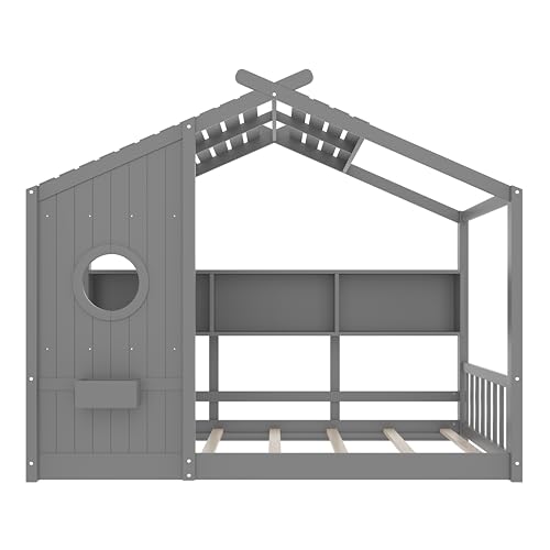 Image of Twin Size Floor House Bed with Roof and Window for Kids, Wooden Playhouse Bed with Storage Shelves for Bedroom Furniture Girls & Boys (Gray /L2, Twin)