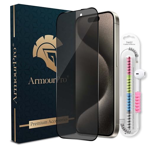 Image of ArmourPro Privacy Tempered Glass for iPhone 15 Pro, Anti Spy Anti Peeping Screen Protector, Edge-to-Edge Full Coverage, 9H Hardness with Cable Protector | Black