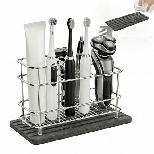 Cong He Toothbrush Holder for Bathroom Countertop Stainless Steel Electric Toothbrush Organizer with Quick-Drying Diatomite Stone Mat Rustproof Vanity Caddy for Toothpaste and Razors Grey