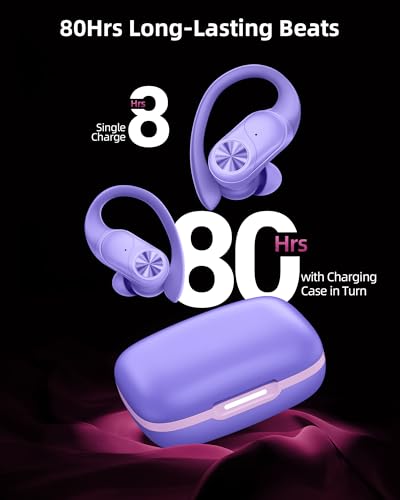 Image of PocBuds Bluetooth Headphones Wireless Earbuds 80hrs Playtime Wireless Charging Case Digital Display Sports Ear buds with Earhook Deep Bass IPX7 Waterproof Over-Ear Earphones for TV Phone Laptop Purple