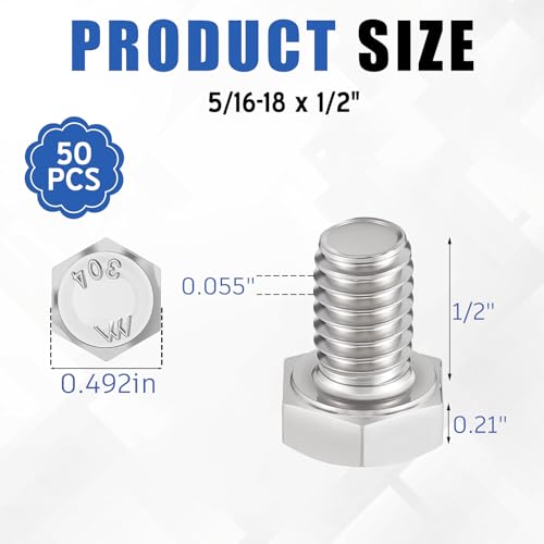 Image of Zonon 50 Pcs 5 /16-18 x 1 /2 inch Hex Head Screw Bolt 18-8 (304) Stainless Steel Hexagon Bolts, Fully Threaded, Plain Finish, External Hex Drive (Silver)