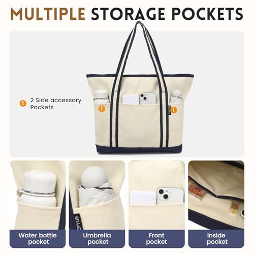 Image of Large Canvas Tote Bag for Women, Beach Bag with Zipper, Utility Tote Bag with 3 Front Pockets, Weekender Pool Bag